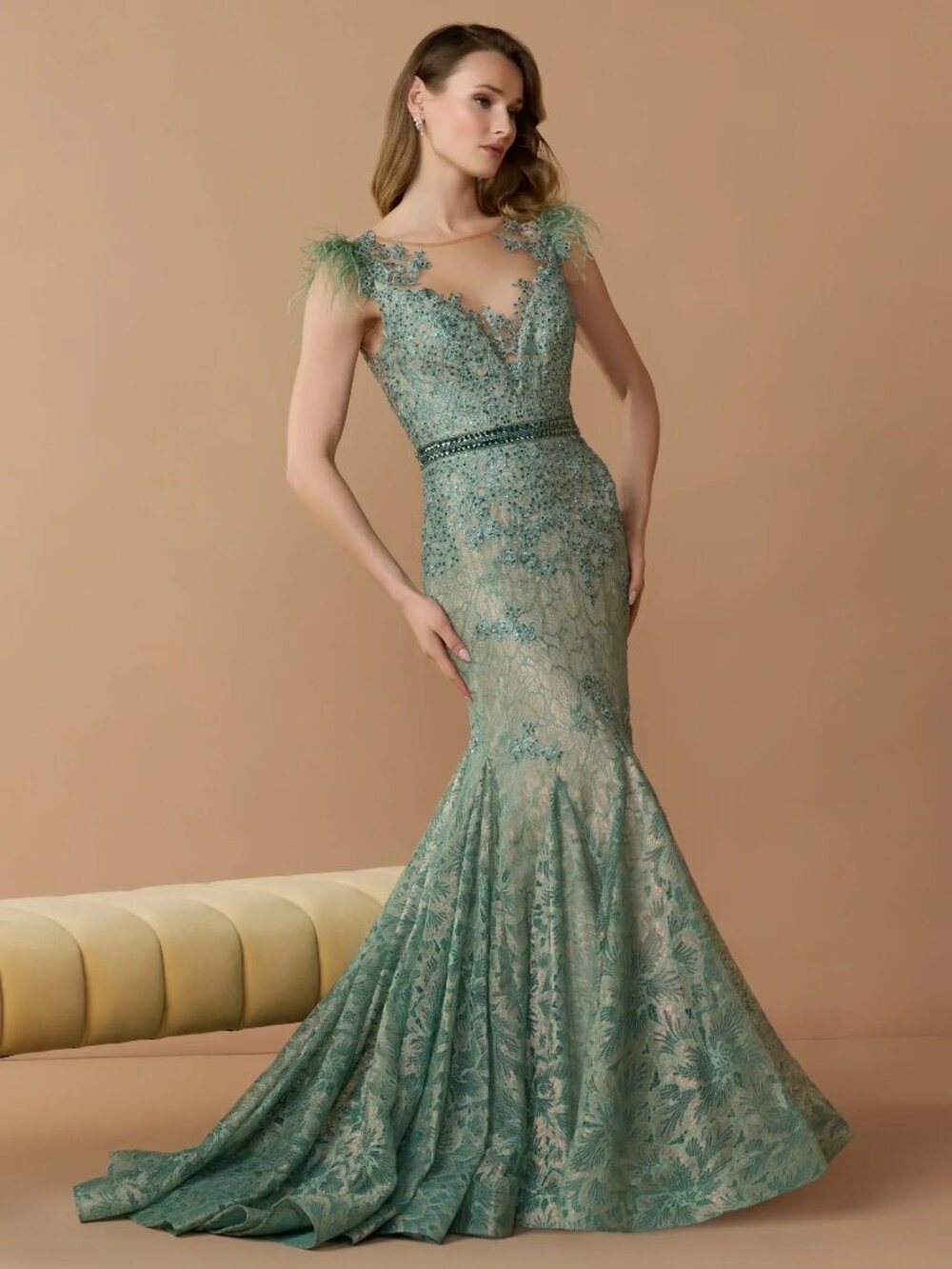 Mac Duggal NWT Sage Embellished Lace High Neck Gown With Feather Sleeves